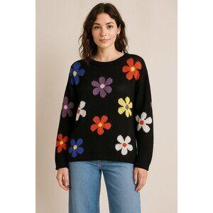 Retro Wool Blend Sweater Big Flowers Women M Hippie Boho Fun Colorful Dopamine